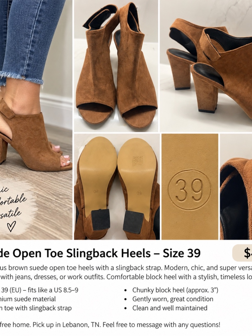 Source Unknown Brown Suede Open-Back Block Heel Mules